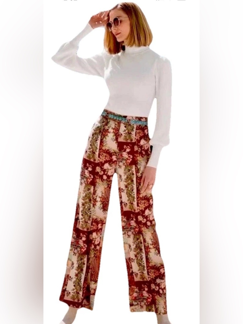 Boston Proper Pants L Satin Patchwork Print Boho Resort Palazzo Wide Leg Slacks